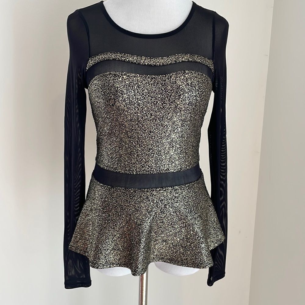 Gold and black dress shirt see through sleeves front and mid zipper back XS